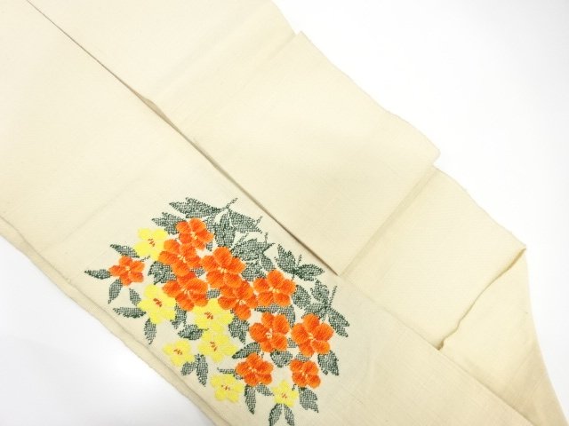  手織り真綿紬　草花模様織り出し　名古屋帯